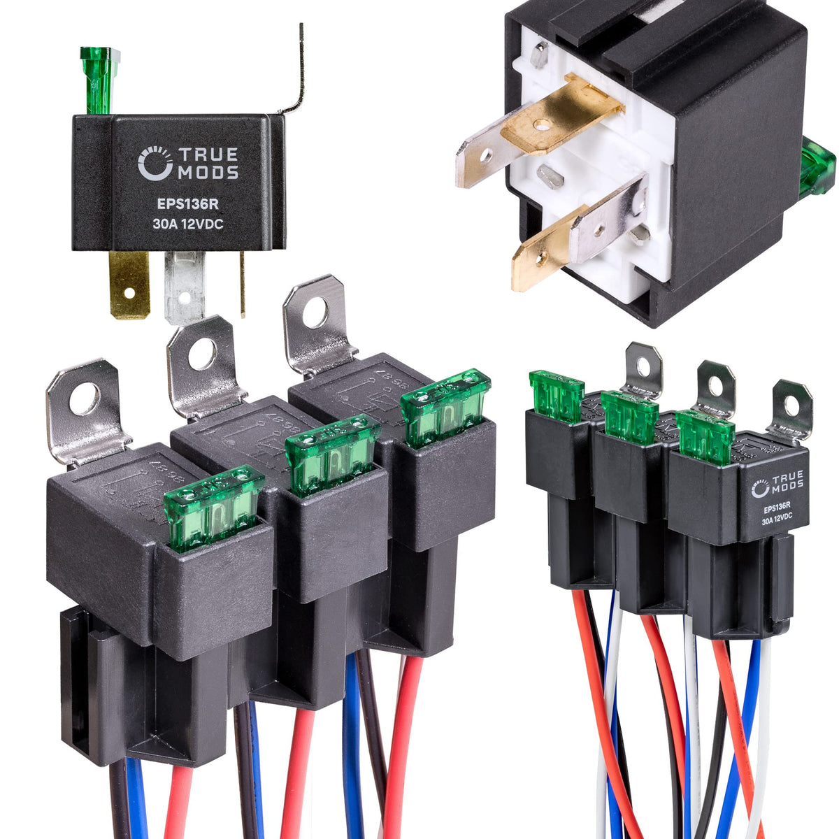 ONLINE LED STORE True MODS 6-pack relay kit front view for quick automotive wiring.