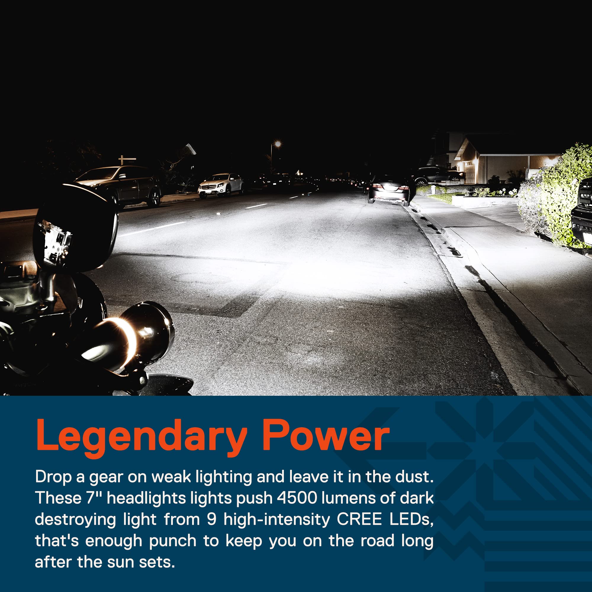 ONLINE LED STORE True Mods 7in Harley IP67 headlight, weatherproof for all-season riding.