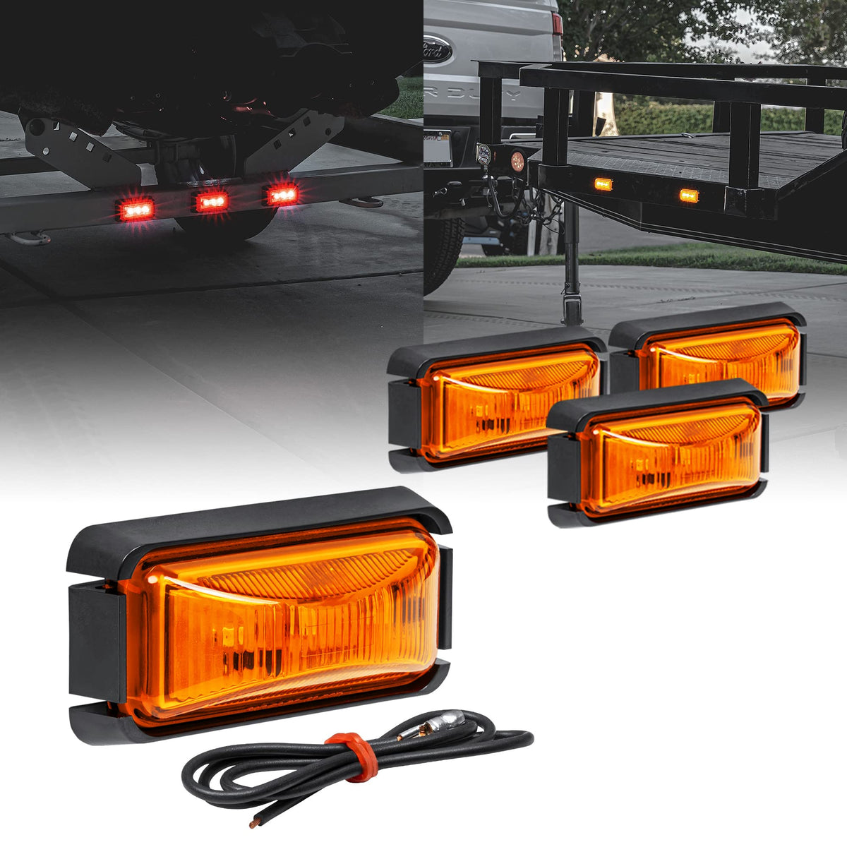ONLINE LED STORE True Mods amber trailer marker light with black bezel, front view signaling.