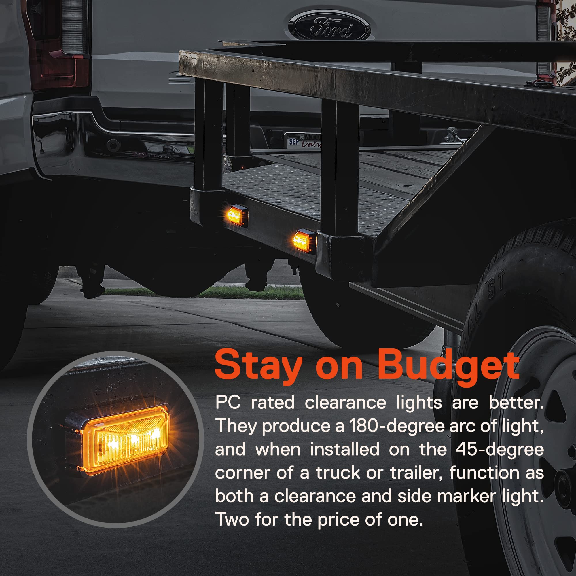 ONLINE LED STORE True Mods amber trailer marker light with black bezel, rear mounting angle.