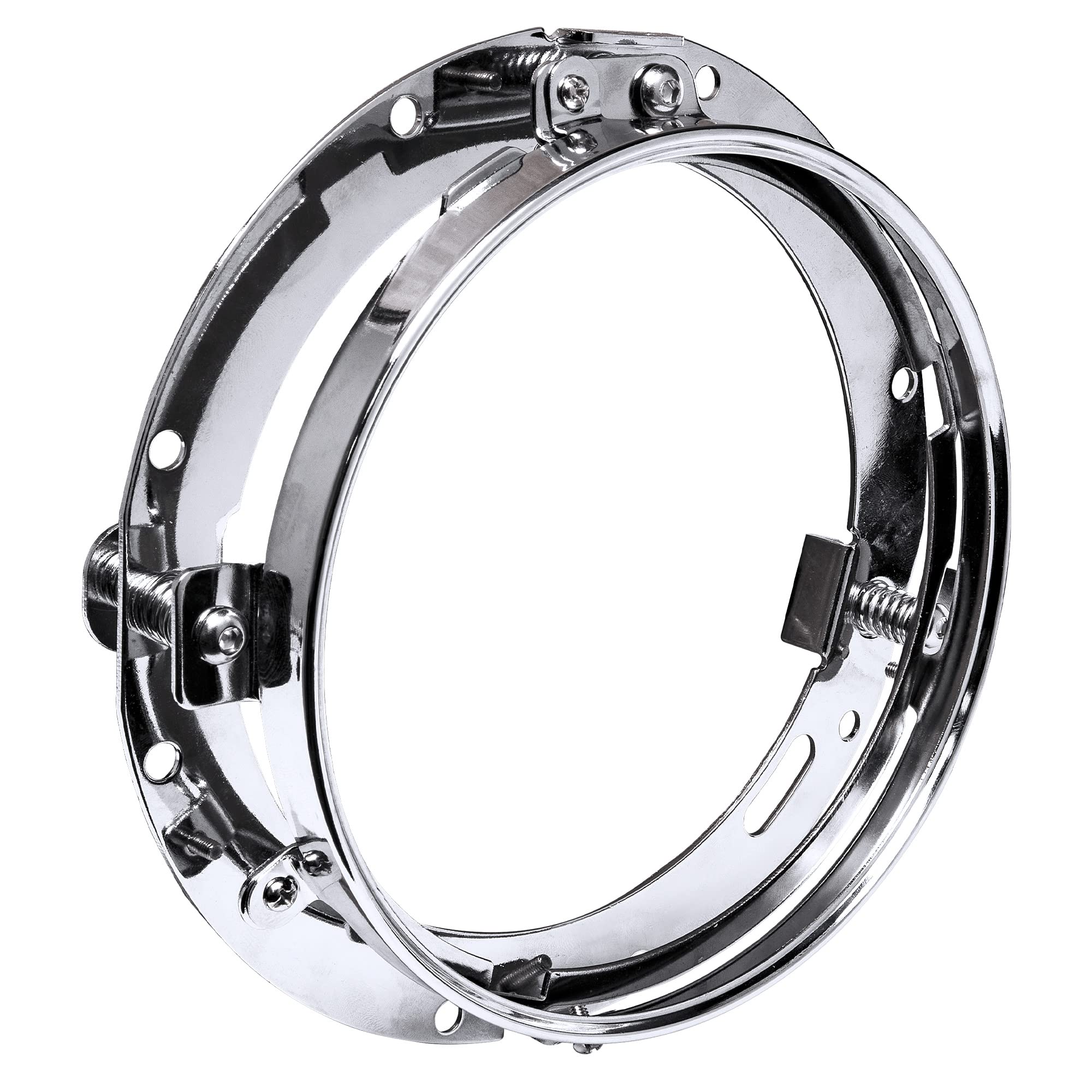 ONLINE LED STORE True Mods Chrome headlight ring bracket for Harley, precise fit upgrade.