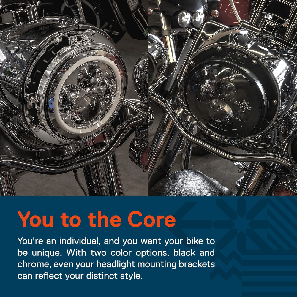 ONLINE LED STORE True Mods Chrome Harley headlight ring bracket, tilt-adjustable for custom aim.