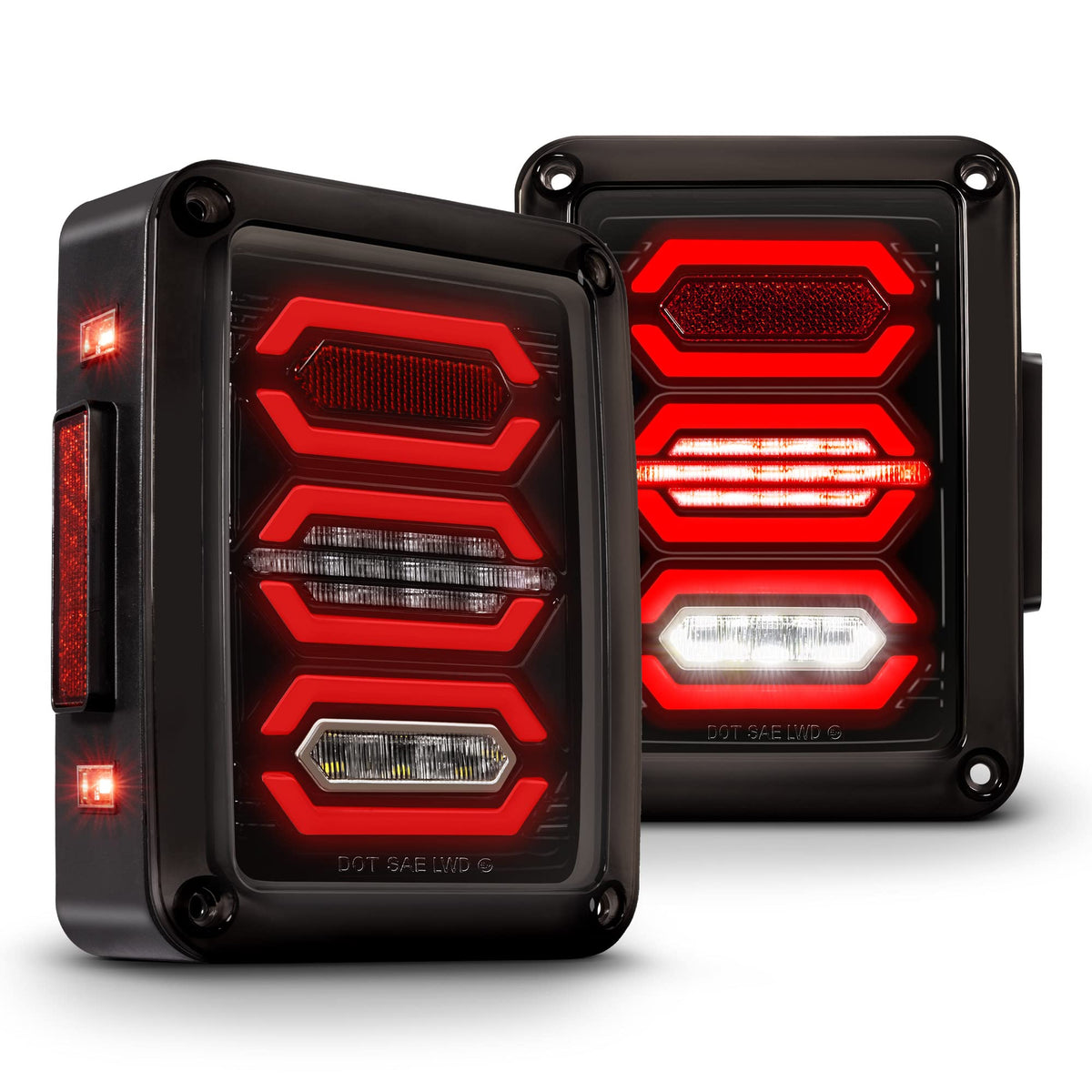 ONLINE LED STORE True Mods hexagon design rear tail light enhances Wrangler visibility.