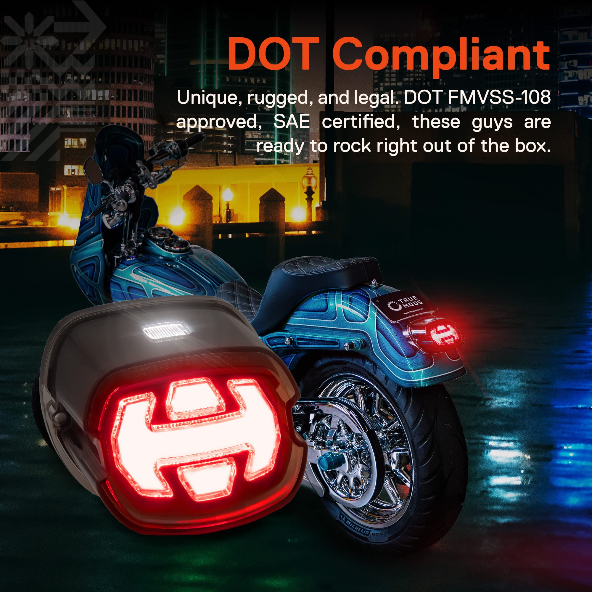 ONLINE LED STORE True Mods LED tail light DOT FMVSS-108 approved and SAE certified.