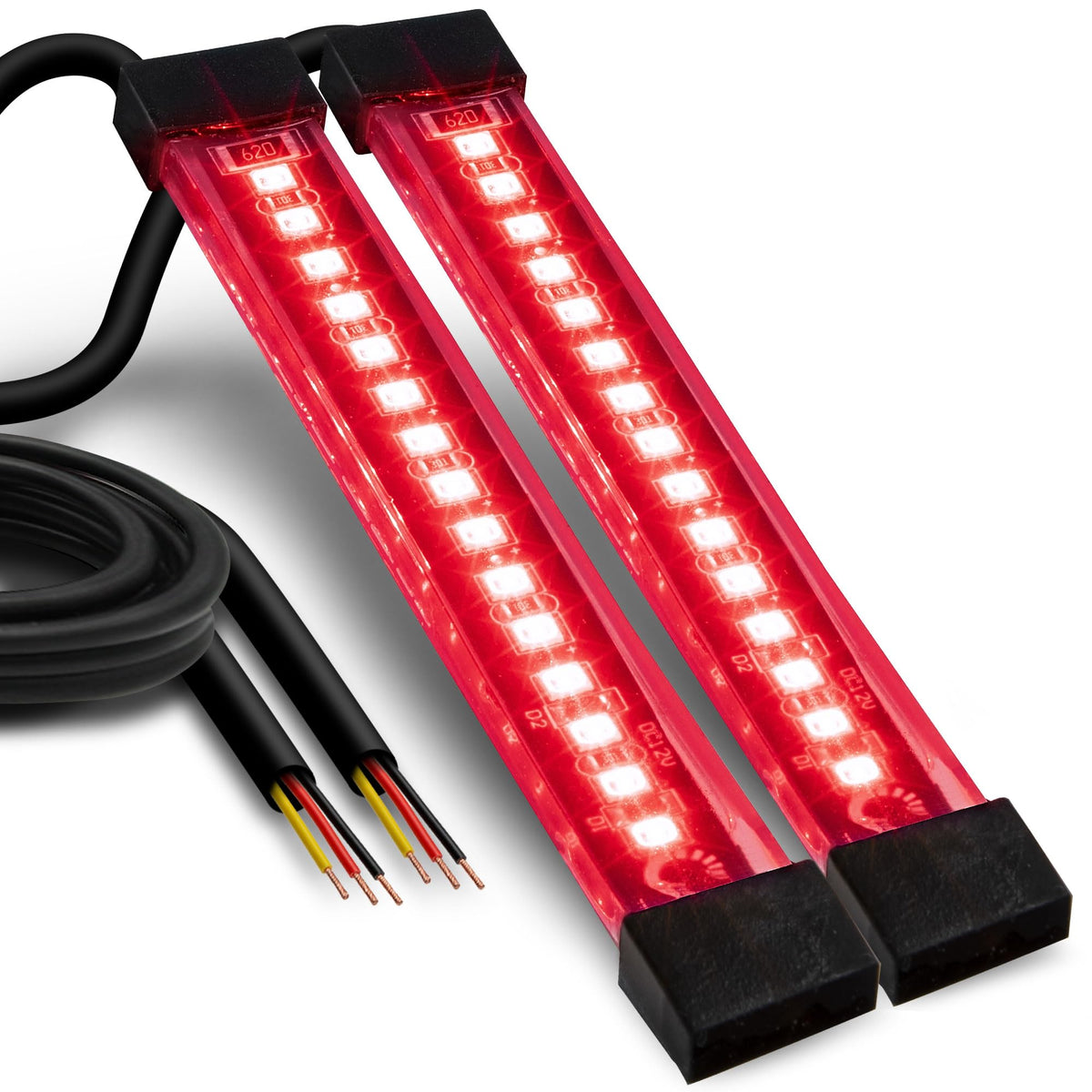 ONLINE LED STORE True Mods red strip close-up showing dual-intensity LEDs for brake and tail lighting.