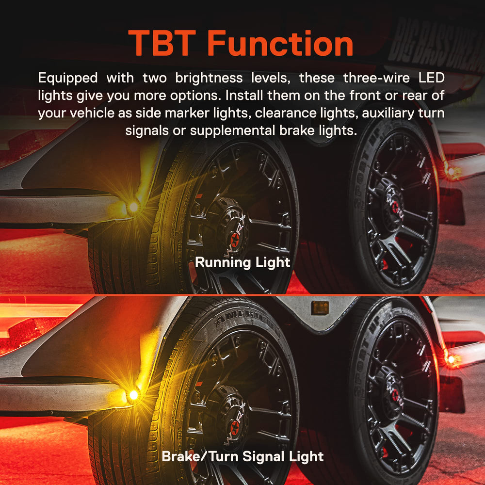 Round amber marker light with DRL and turn signal functionality.