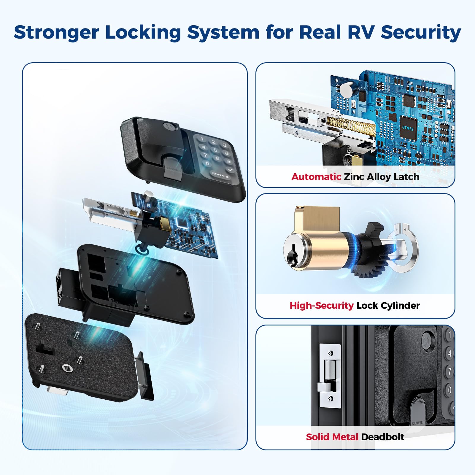 ONNAIS RV door lock dual fob remote controls both doors from over 100 feet.