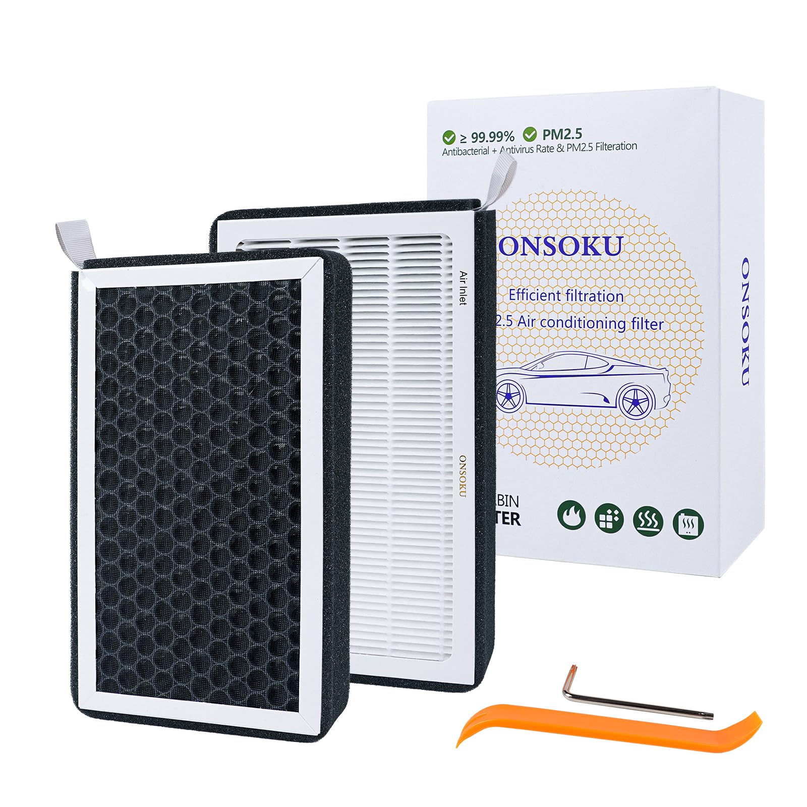 ONSOKU ModelY Model3 cabin air filter packaging demonstrates premium filtration for Tesla interiors.