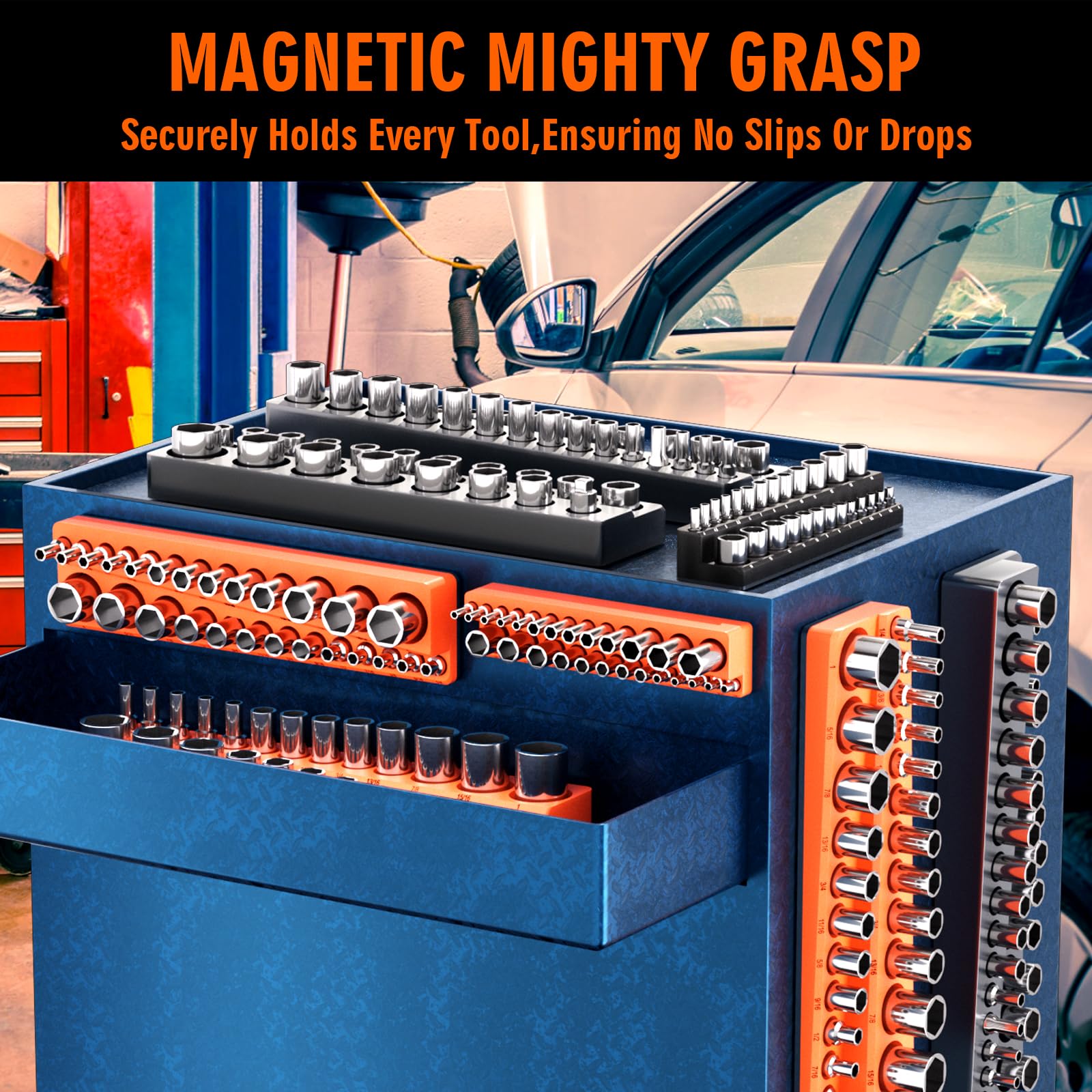 Onsski eight-piece socket trays organize metric and SAE sets for quick access.