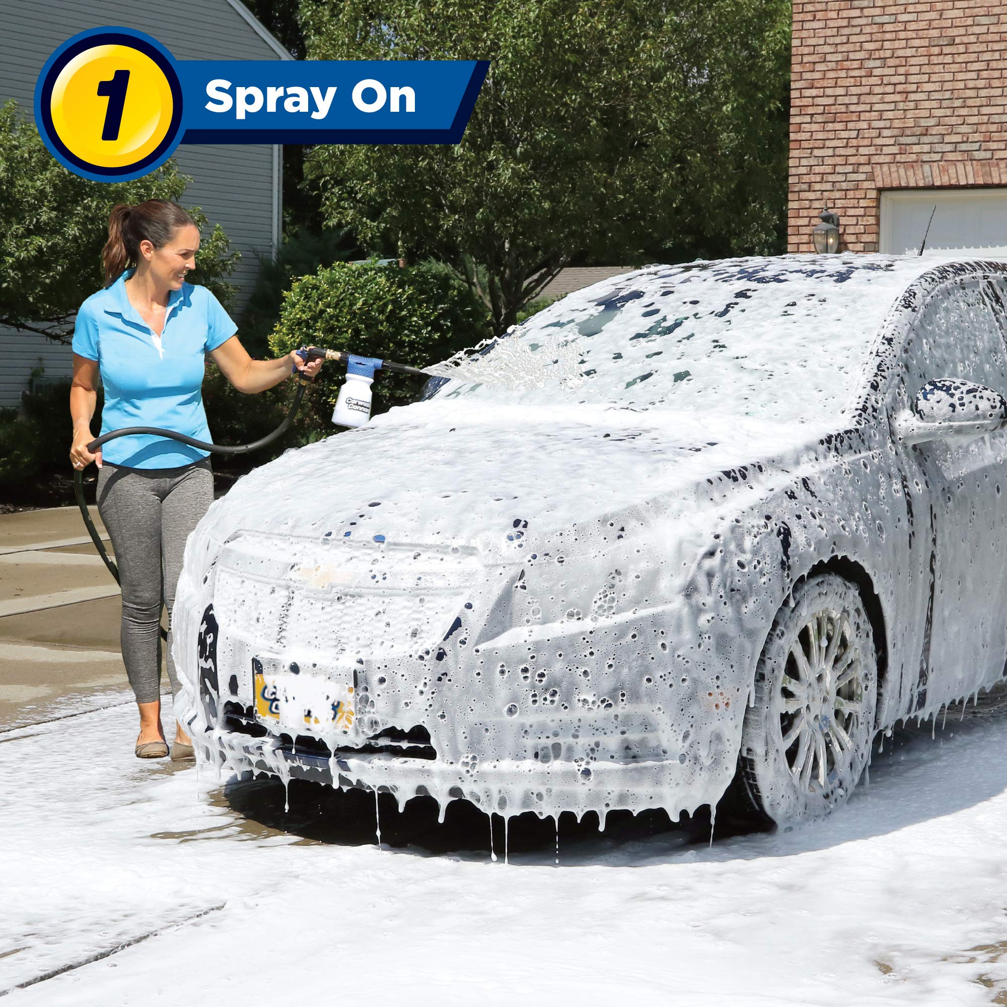 Ontel Carwash Cannon attached to a hose for quick, easy car cleaning.