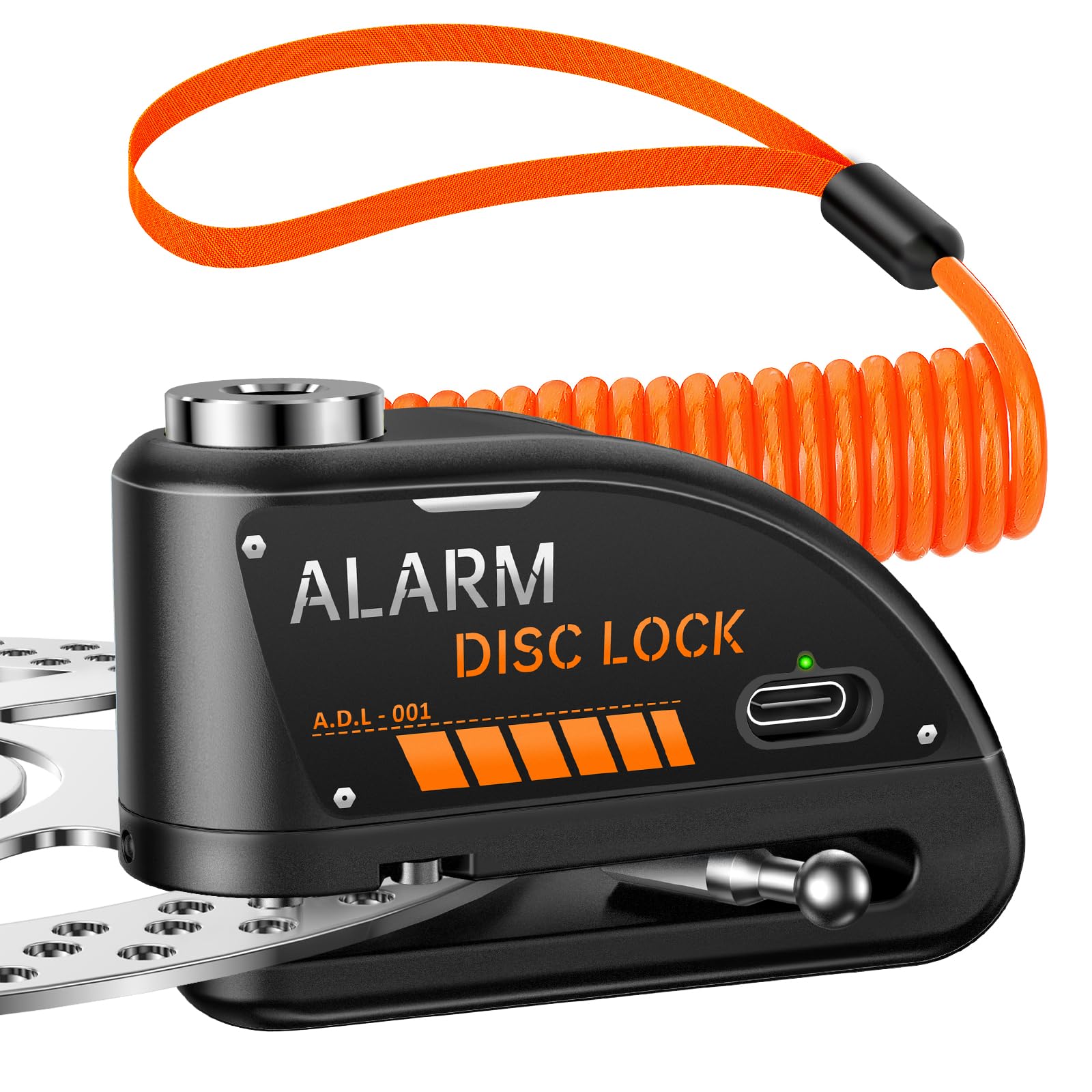 Onvian disc lock with 120dB alarm on motorcycle brake rotor for deterrence