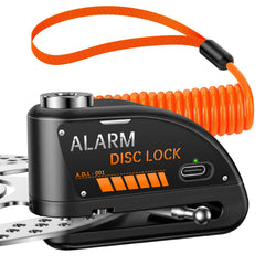 Onvian disc lock with 120dB alarm on motorcycle brake rotor for deterrence