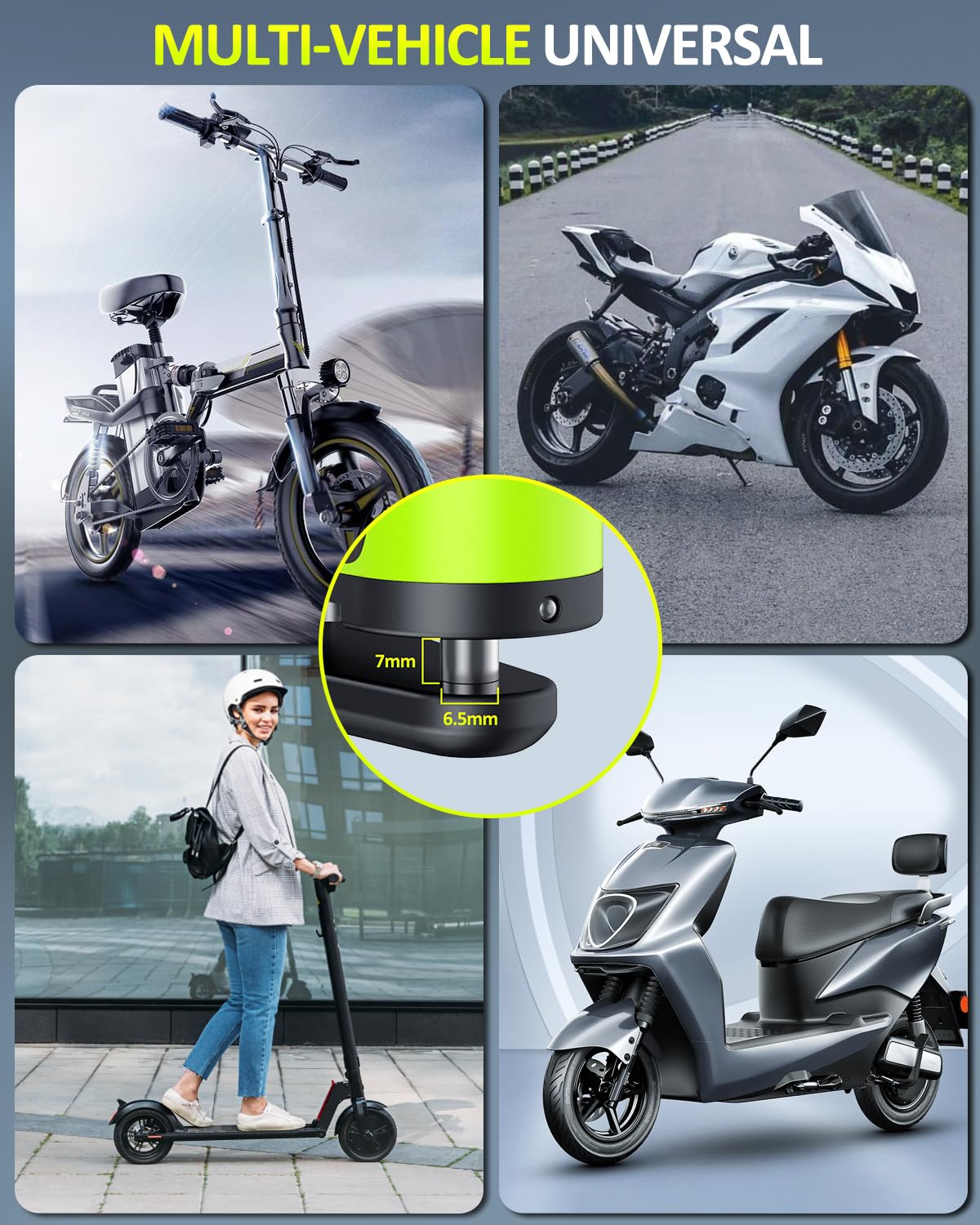 Onvian universal fit image shows compatibility with 7mm disc brakes for broader use.
