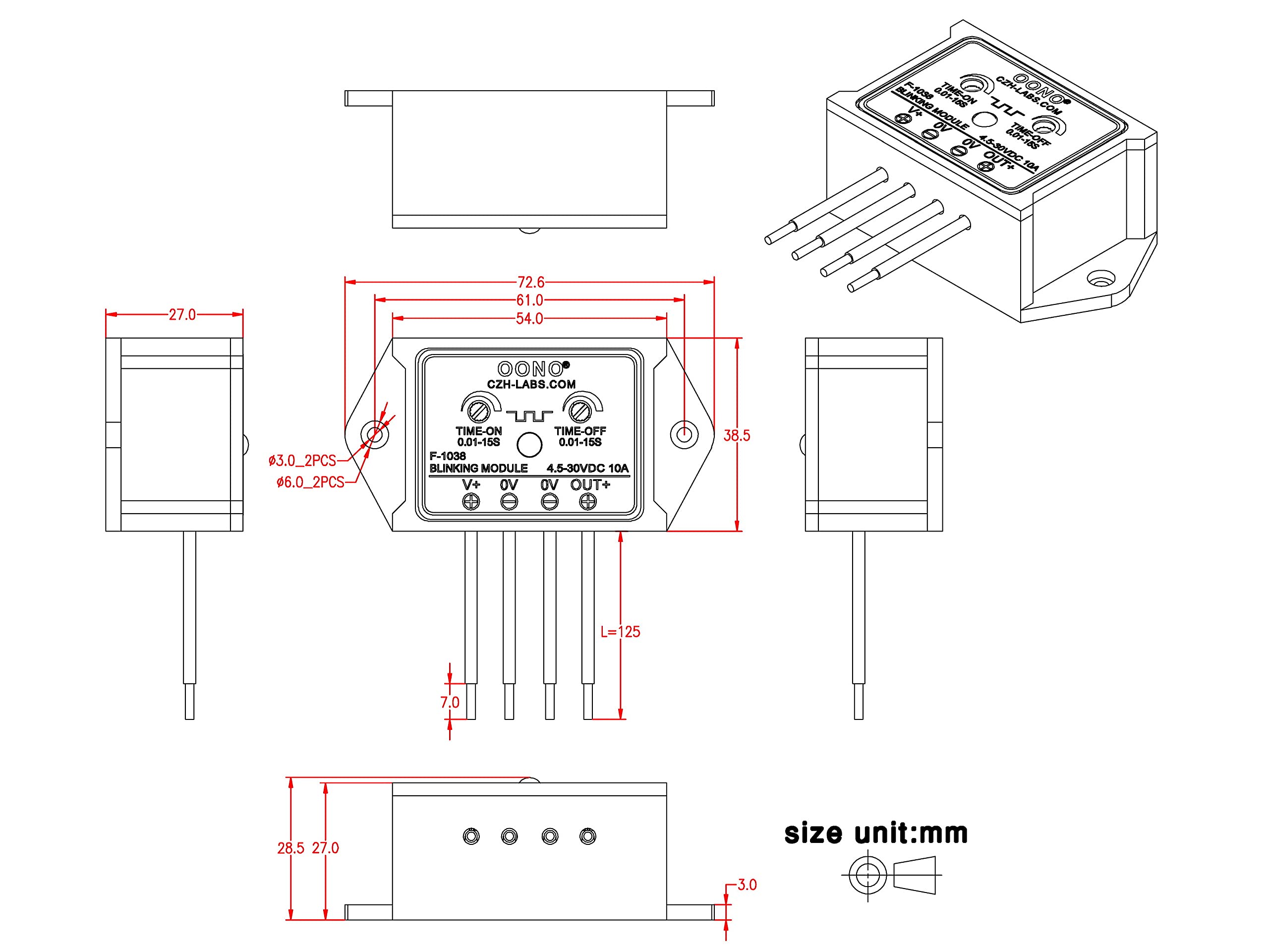 OONO DC flasher module adjustable potentiometers enables precise ON/OFF timing.