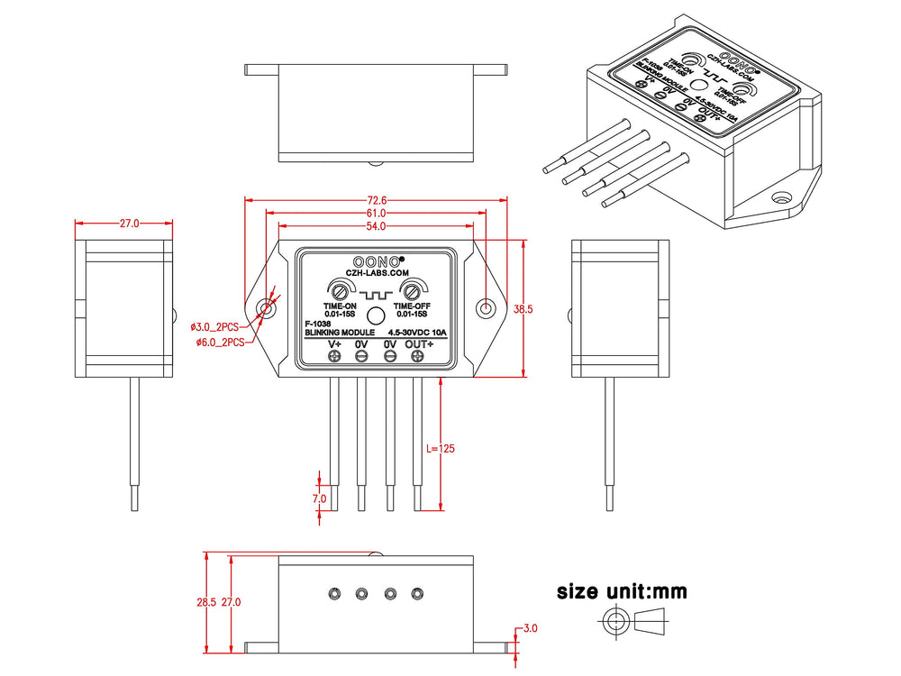 OONO DC flasher module adjustable potentiometers enables precise ON/OFF timing.