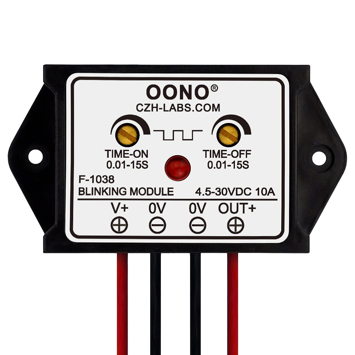 OONO DC flasher module front view shows compact design for space-saving installations.