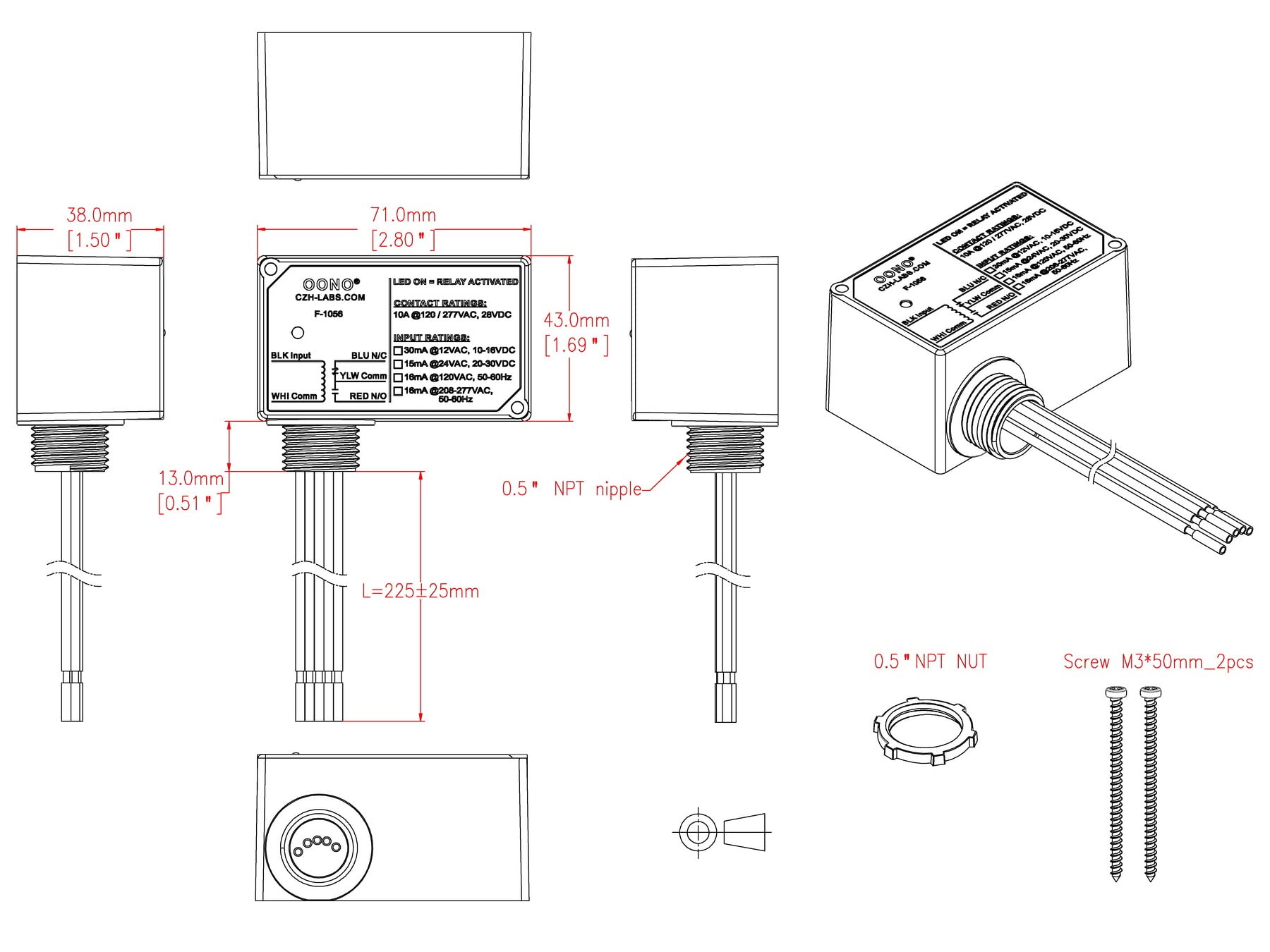 OONO 1/2-inch NPT mounting nipple for versatile mounting options.
