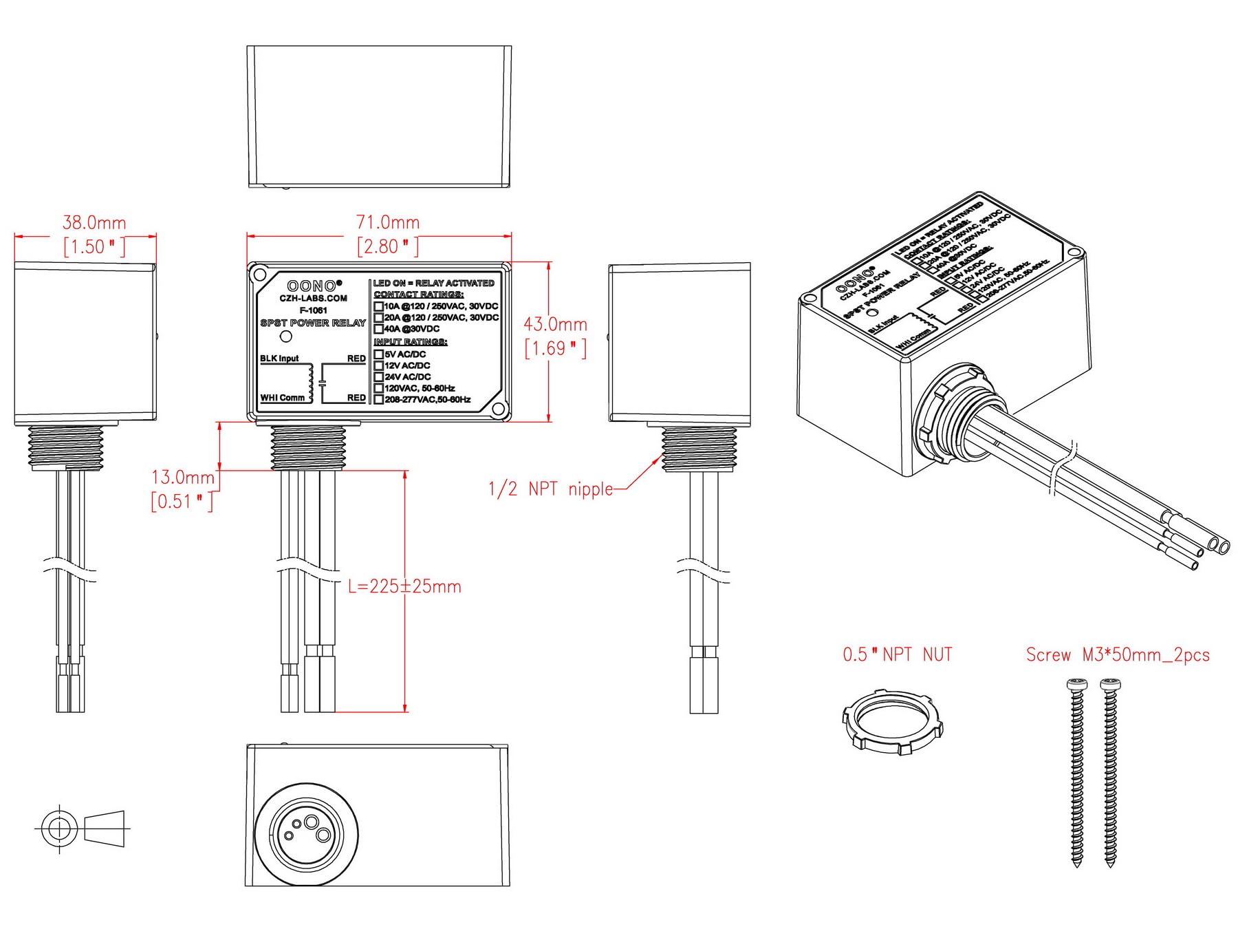 OONO SPST relay with two screw mounting holes for wall or board installation.