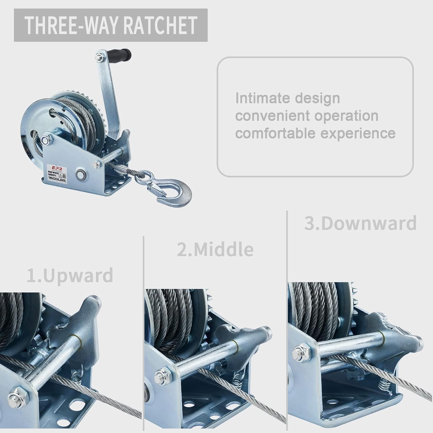 OPENROAD two-way ratchet winch illustration highlighting forward and reverse use.