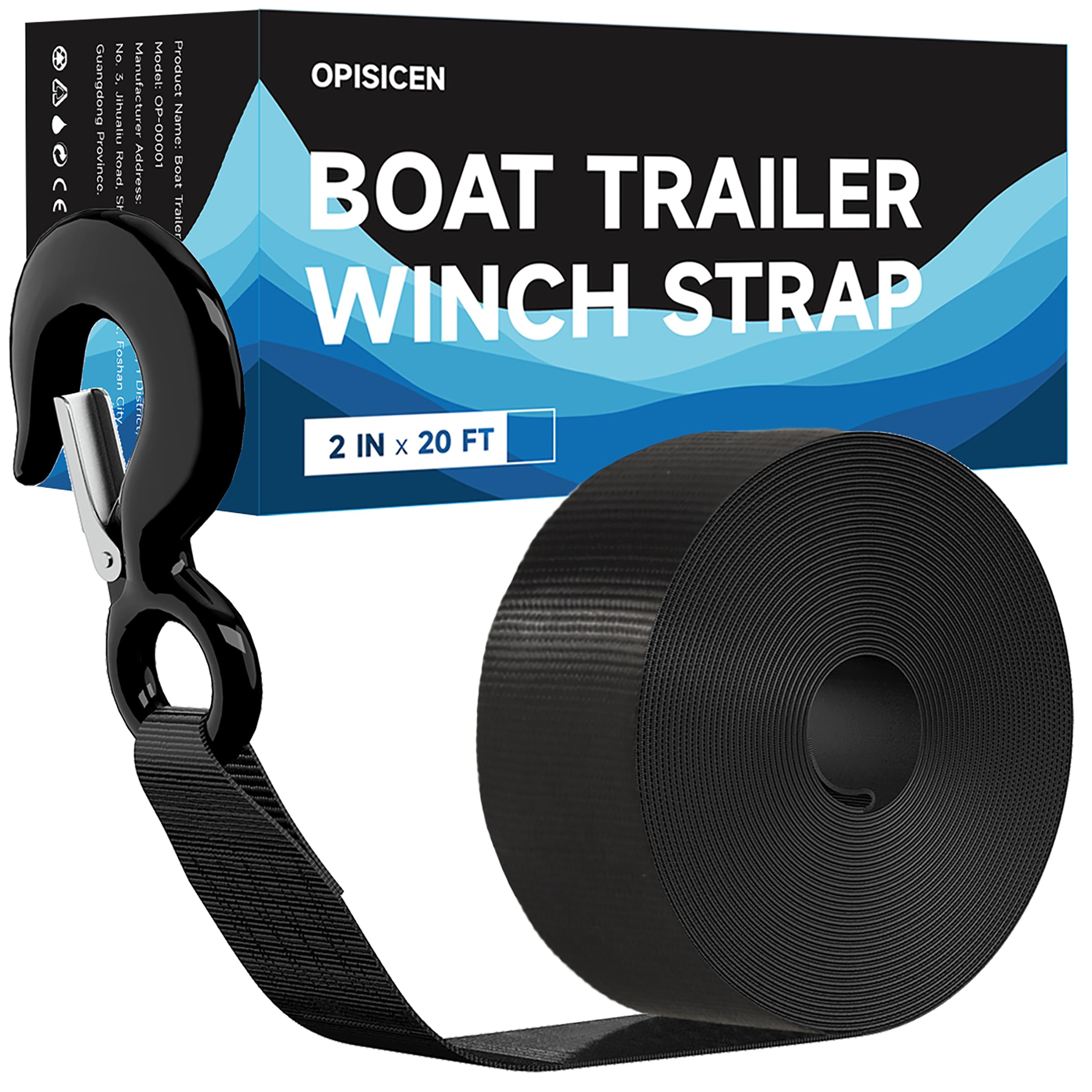 OPISICEN heavy-duty boat trailer winch strap with hook ensures secure towing on demanding runs.