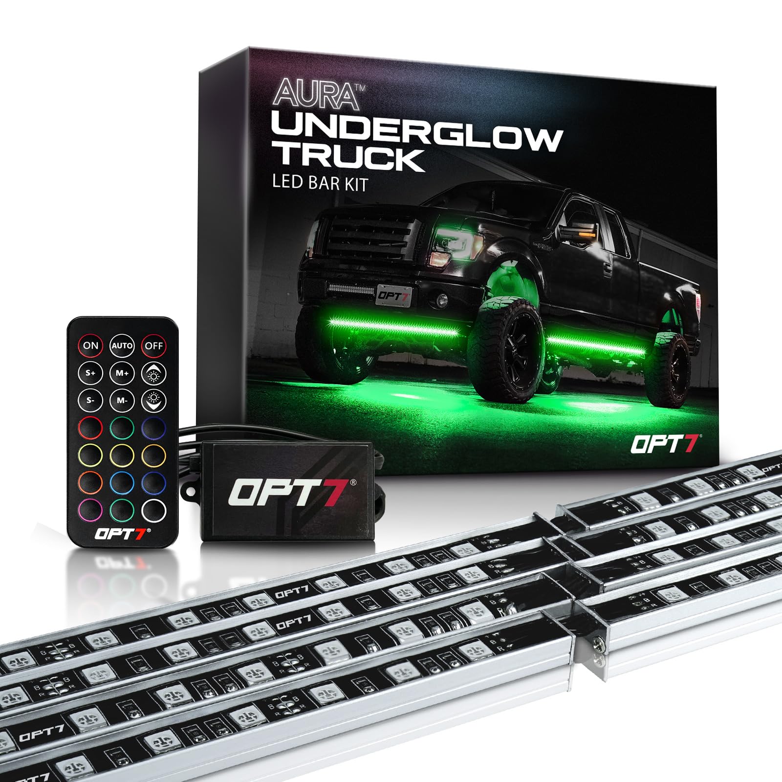 OPT7 Aura underglow kit on a rugged truck for enhanced visibility.