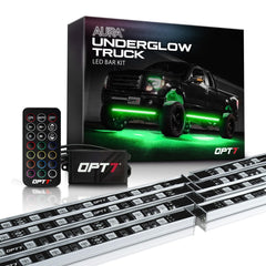 OPT7 Aura underglow kit on a rugged truck for enhanced visibility.
