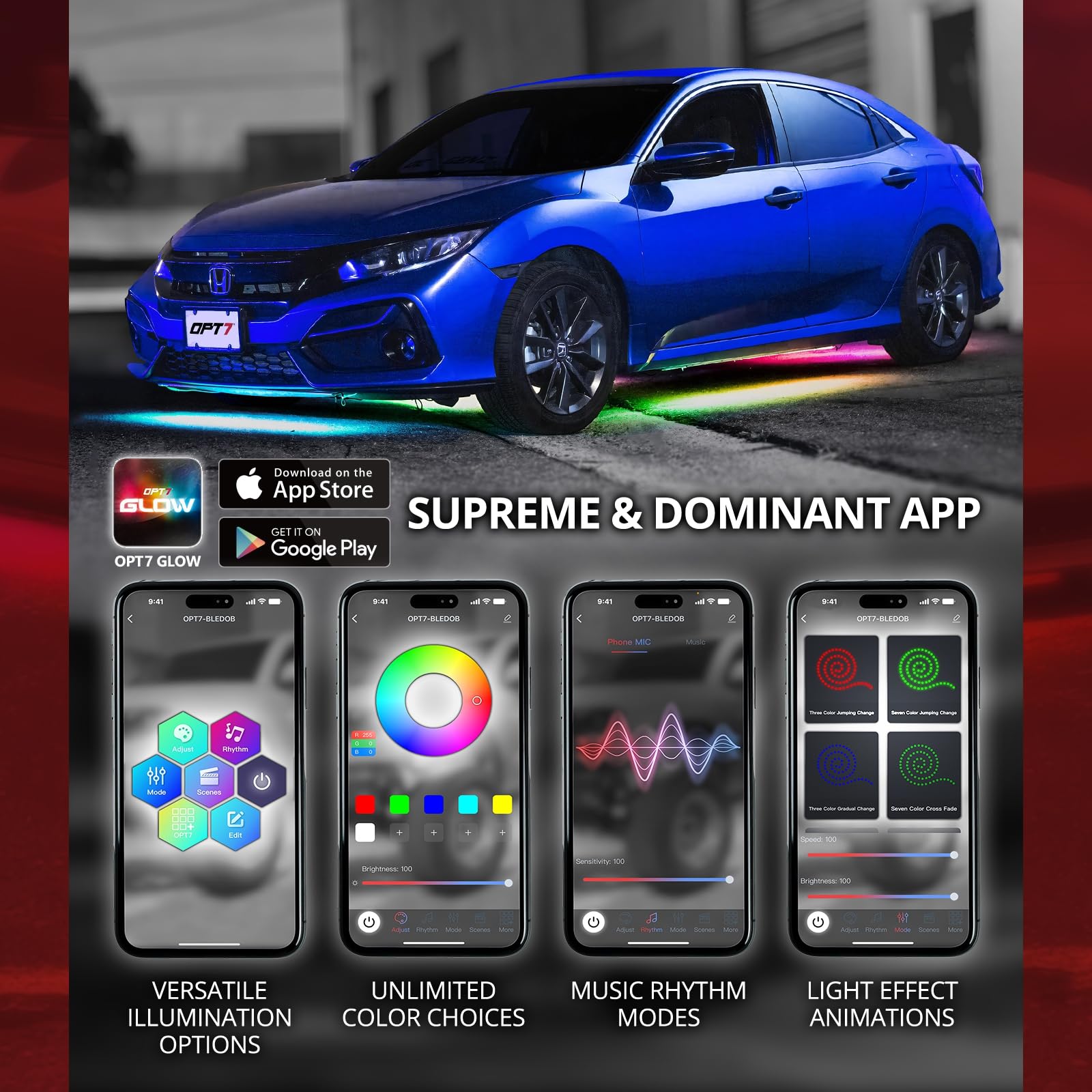 OPT7 Aura DreamColor app control screen showing color options and effects.