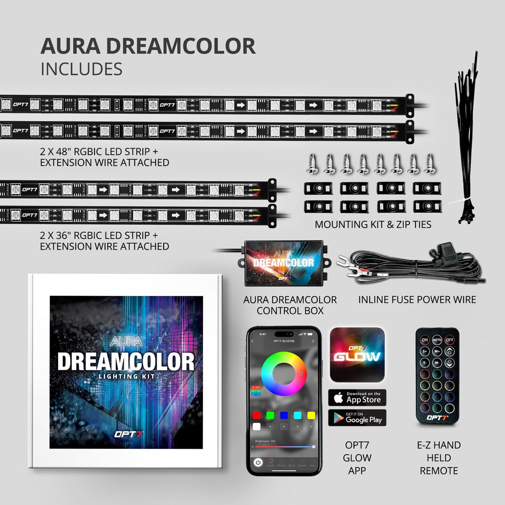 OPT7 Aura DreamColor packaging and accessories in a bundle.