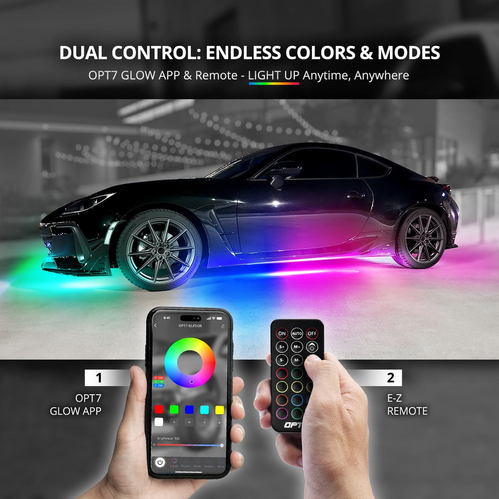 OPT7 Aura DreamColor LED strips installed under a vehicle for dynamic accents.