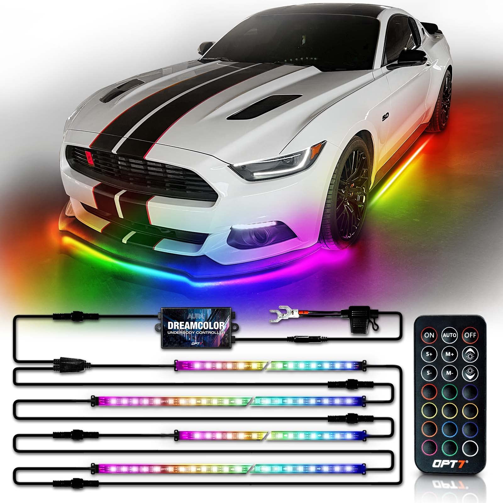 OPT7 Aura DreamColor underglow kit closeup with vibrant RGBIC LEDs for dramatic color.