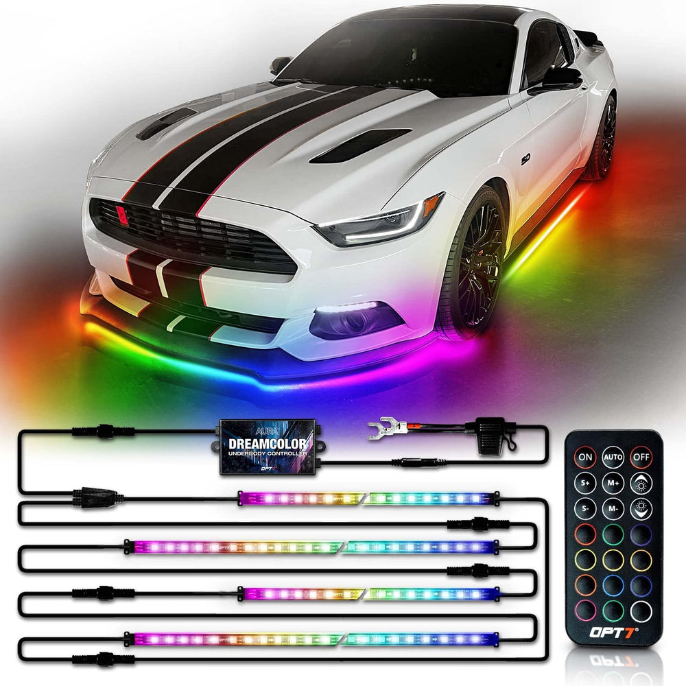 OPT7 Aura DreamColor underglow kit closeup with vibrant RGBIC LEDs for dramatic color.