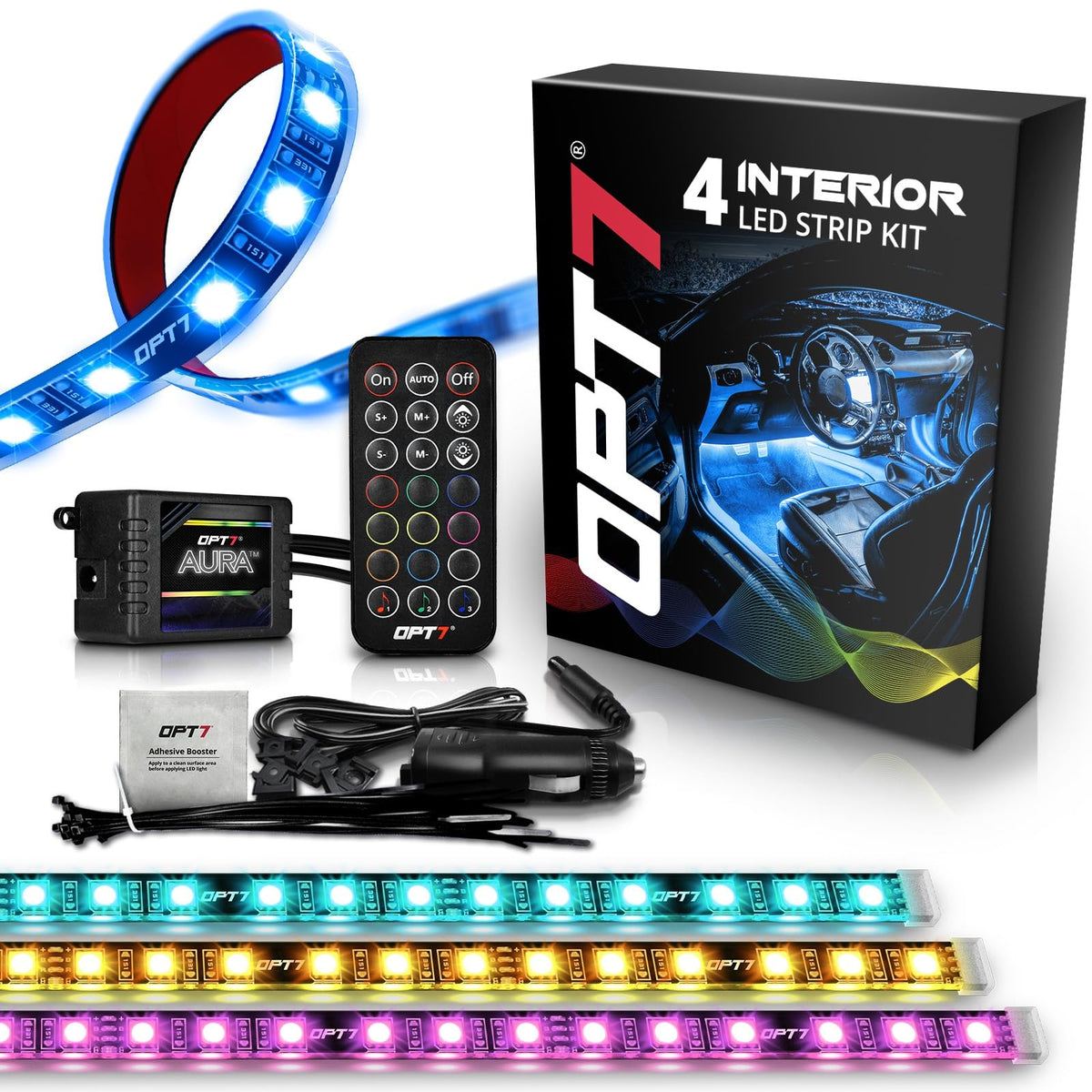 OPT7 Aura interior LED strip with remote for customizable car ambience.