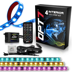 OPT7 Aura interior LED strip with remote for customizable car ambience.