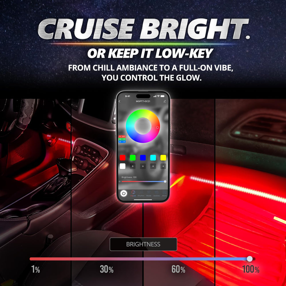 OPT7 Aura Pro between-consoles strip creates immersive cockpit glow.