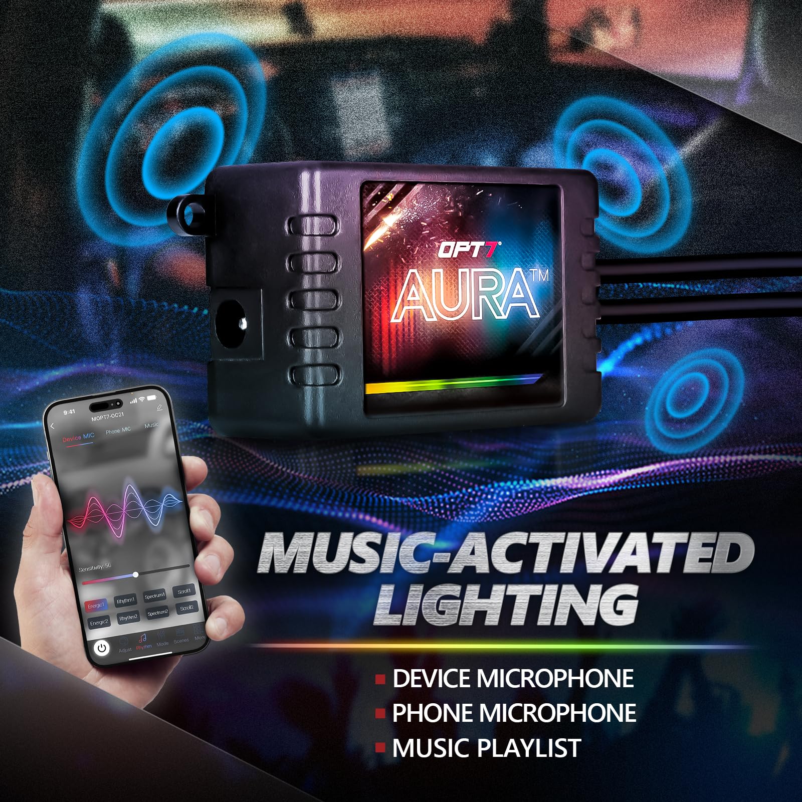 OPT7 Aura Pro app-controlled strip for easy color control.