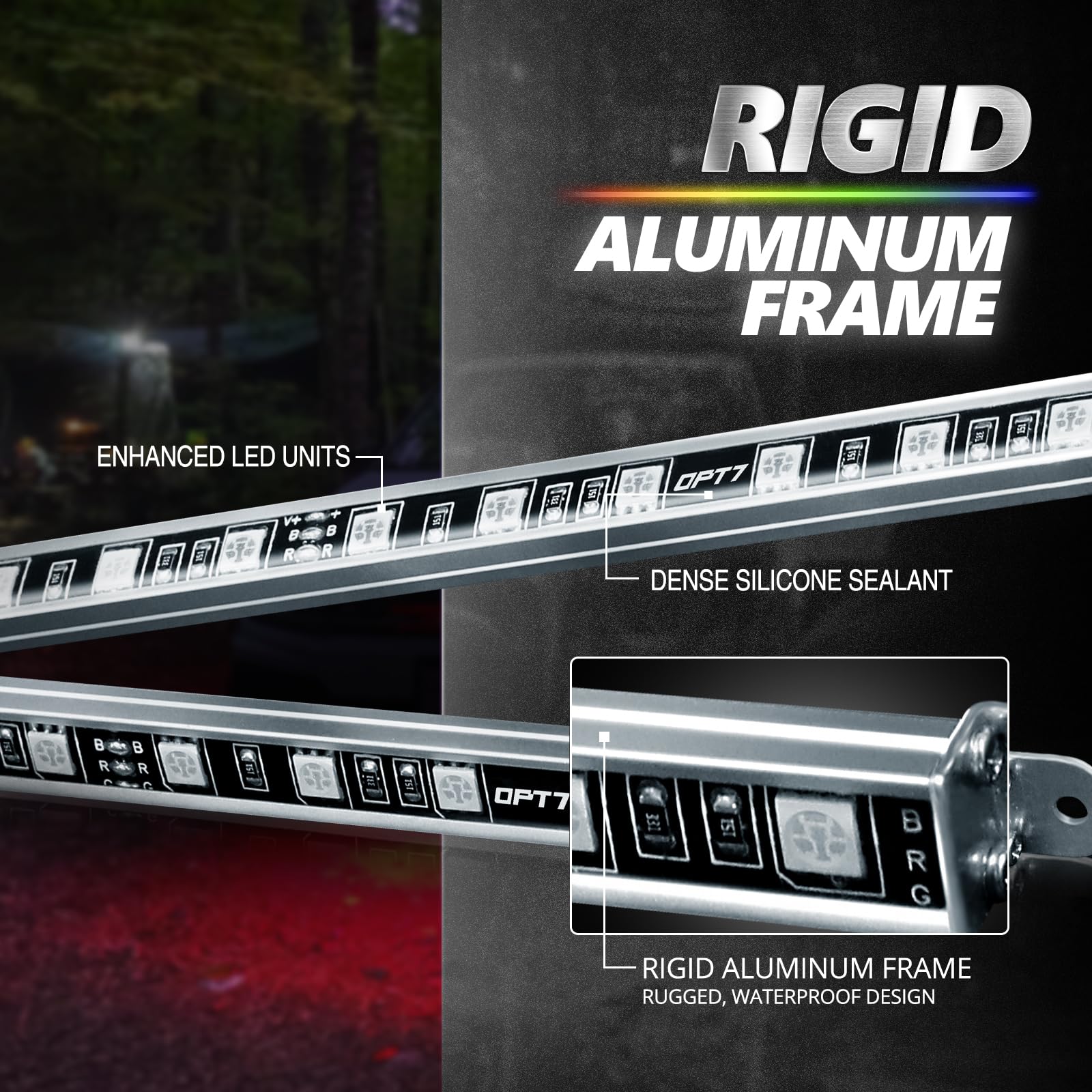 OPT7 Aura Pro RGB chips provide smooth color across the bars for vivid visuals.