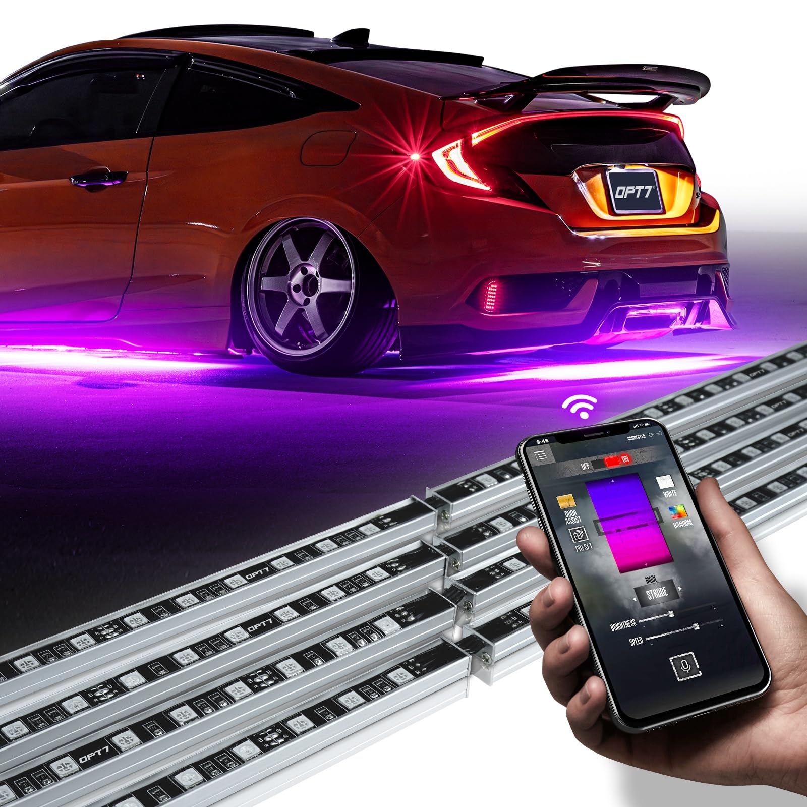 OPT7 Aura Pro underbody light bars illuminate your ride with vibrant RGB accents for striking style.