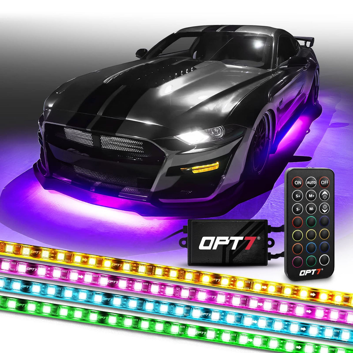 OPT7 Aura underbody light strip closeup shows vibrant color options for night driving.