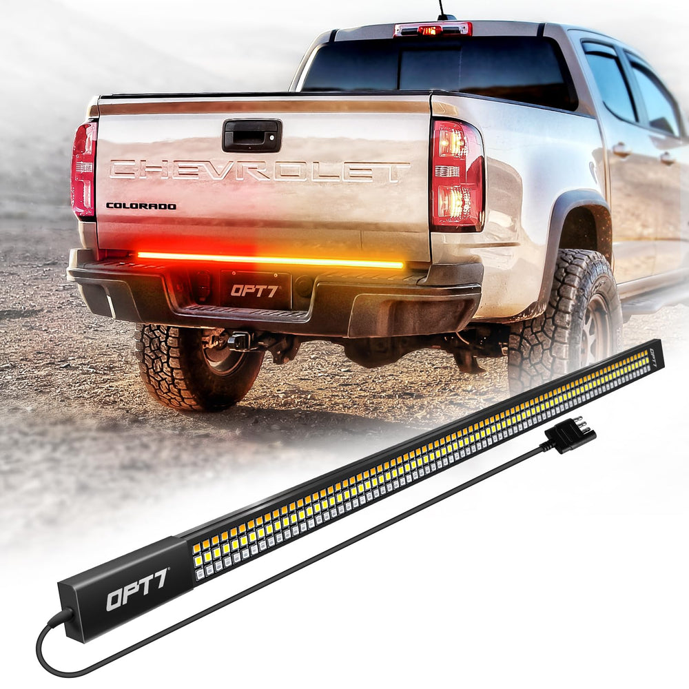 OPT7 Redline 48 tailgate bar front view showing rugged aluminum body for harsh conditions.