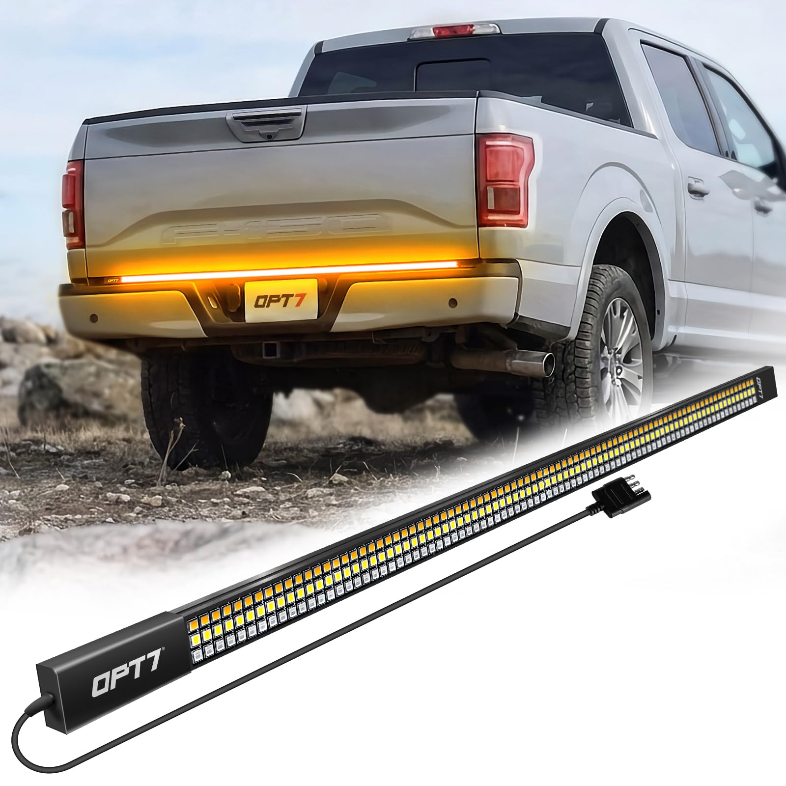 OPT7 Redline 60-inch tailgate light bar with amber turn signals for enhanced road visibility.