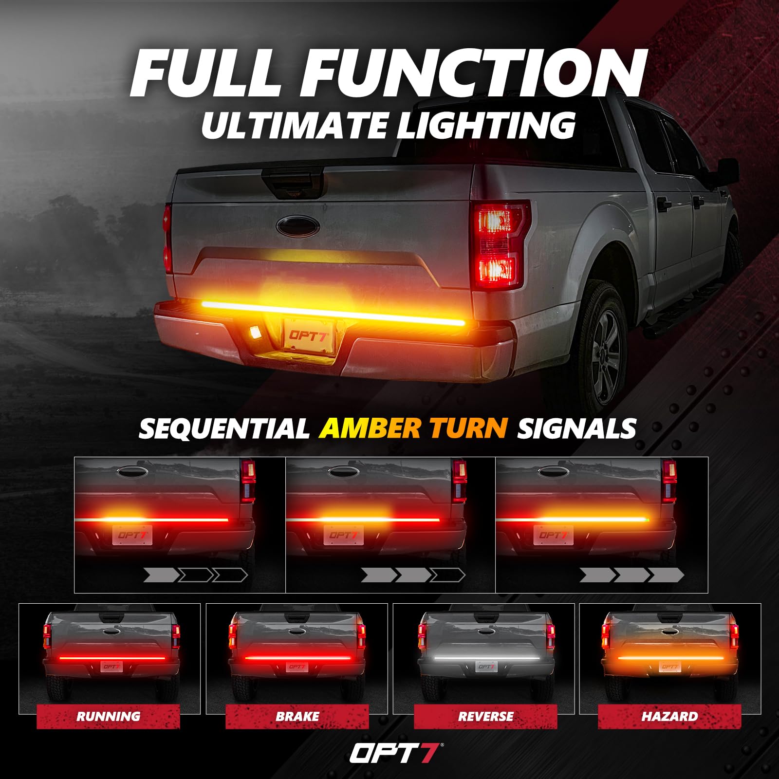 OPT7 Redline 60-inch tailgate bar offers five signaling functions including running and brake.