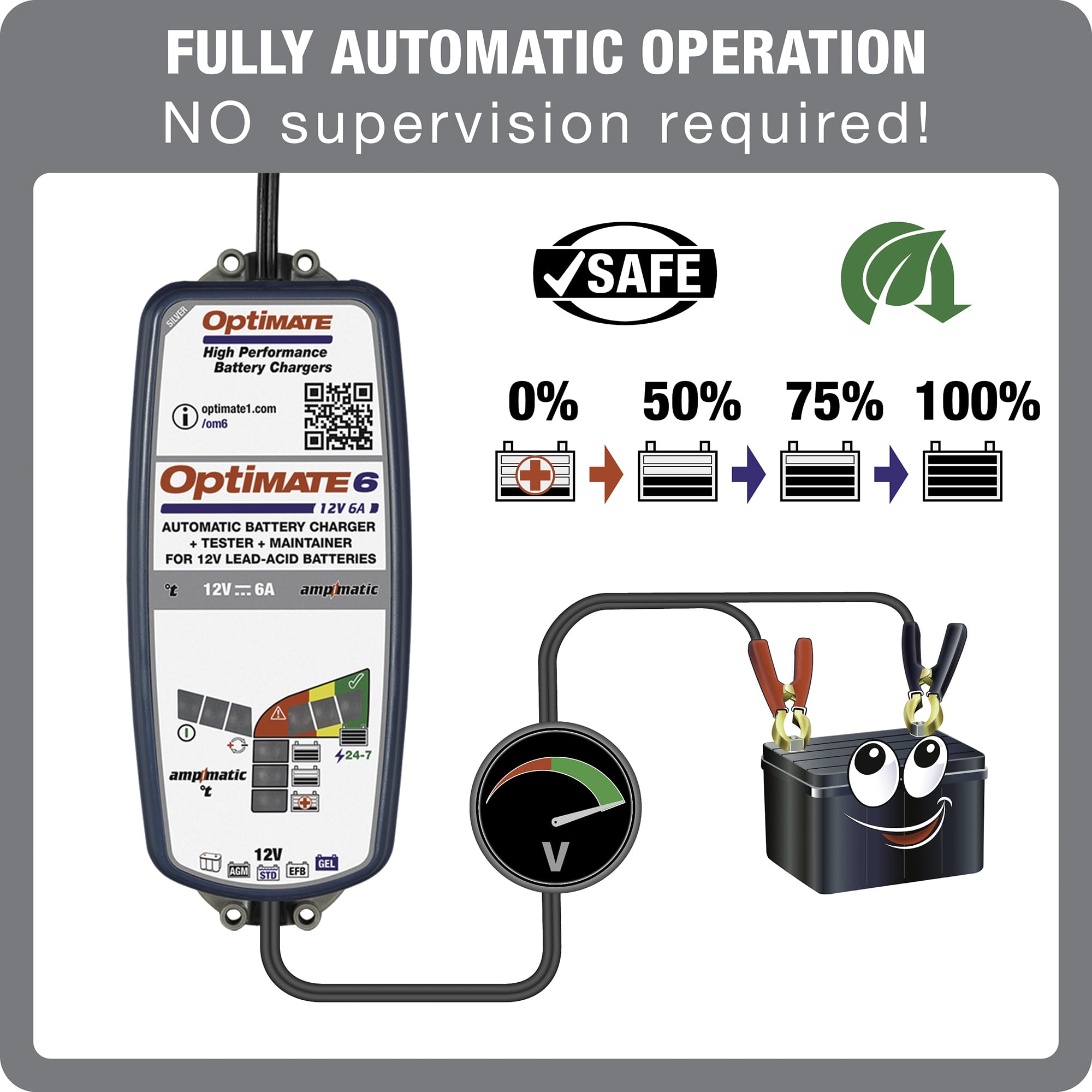 OptiMate 6-ampmatic connected to a vehicle battery during charge.