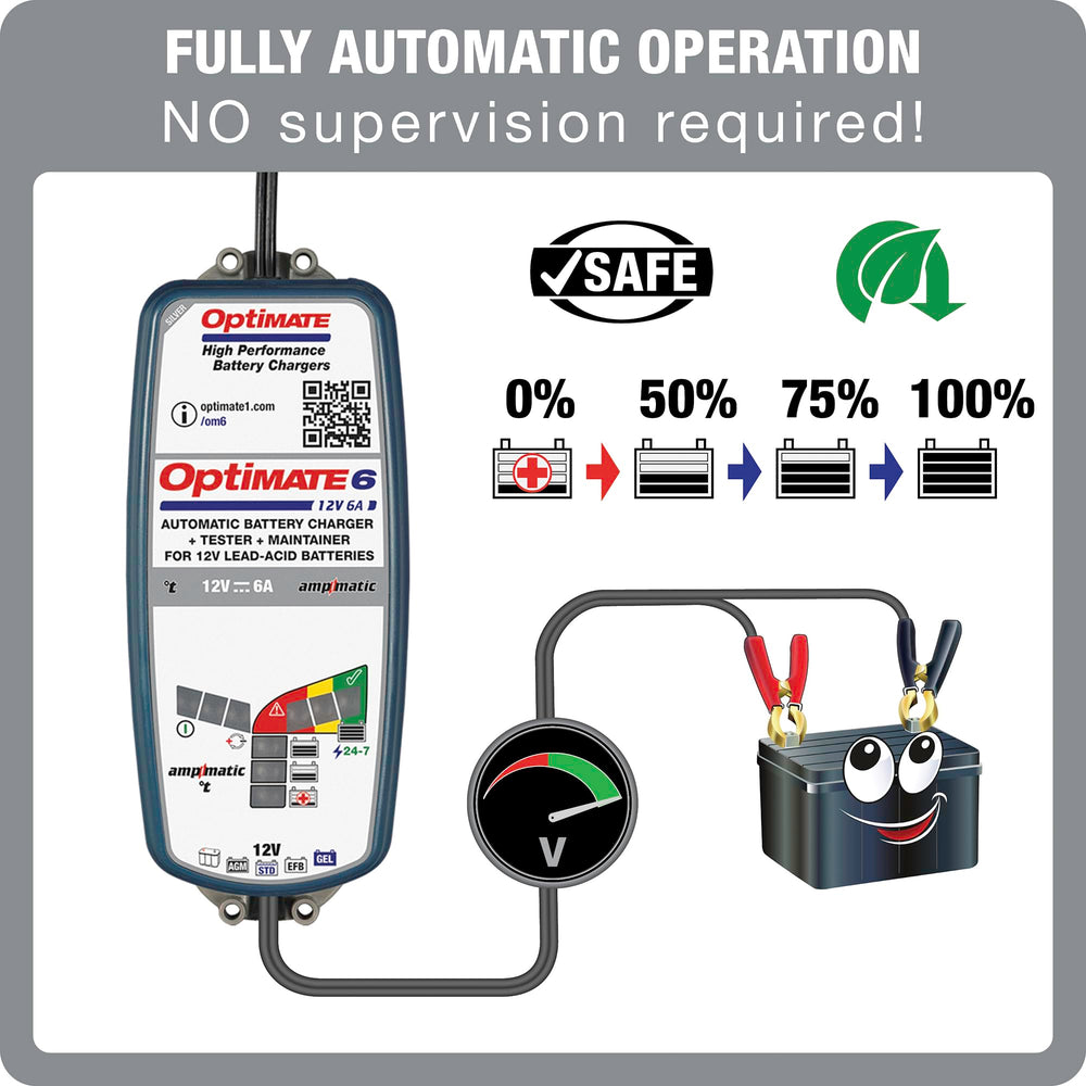 OptiMate 6-ampmatic connected to a vehicle battery during charge.