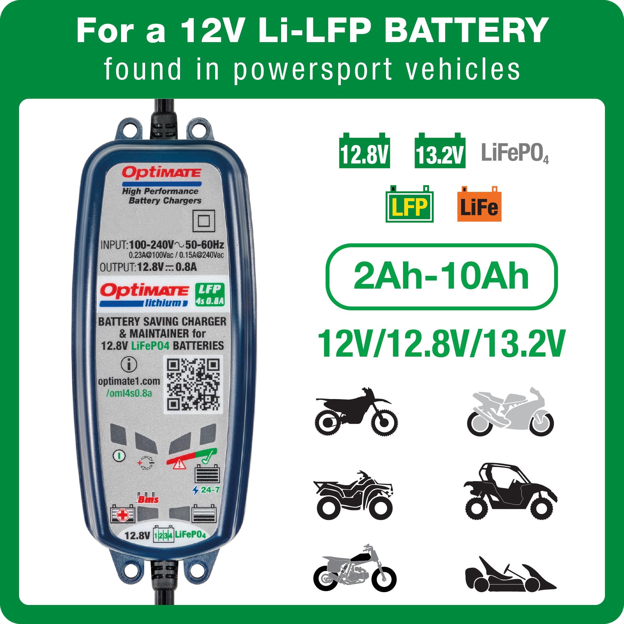 OptiMate Lithium 4s back panel highlights ports and protection for safe charging.