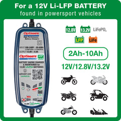 OptiMate Lithium 4s back panel highlights ports and protection for safe charging.