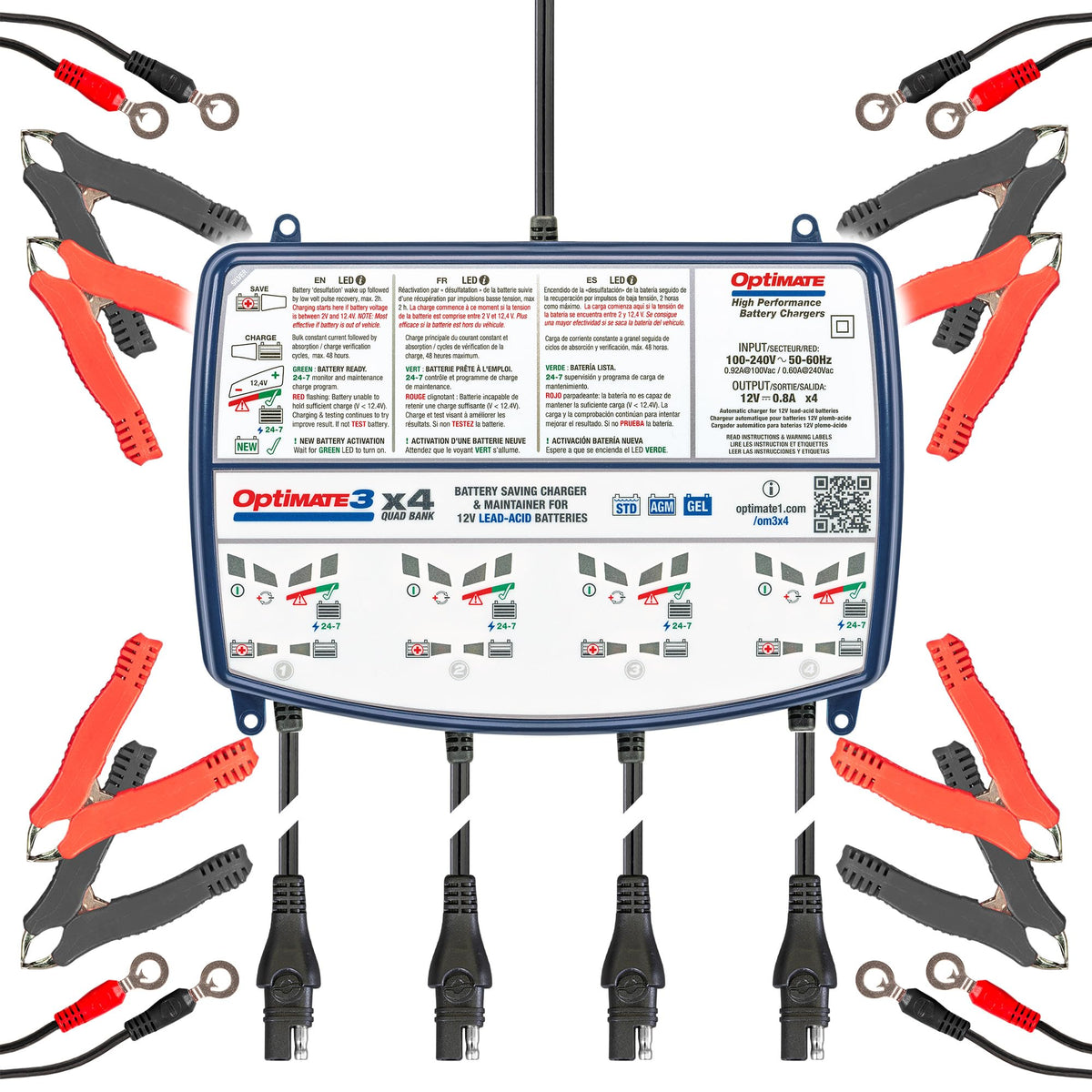 OptiMate3 front view with four banks for independent battery care.