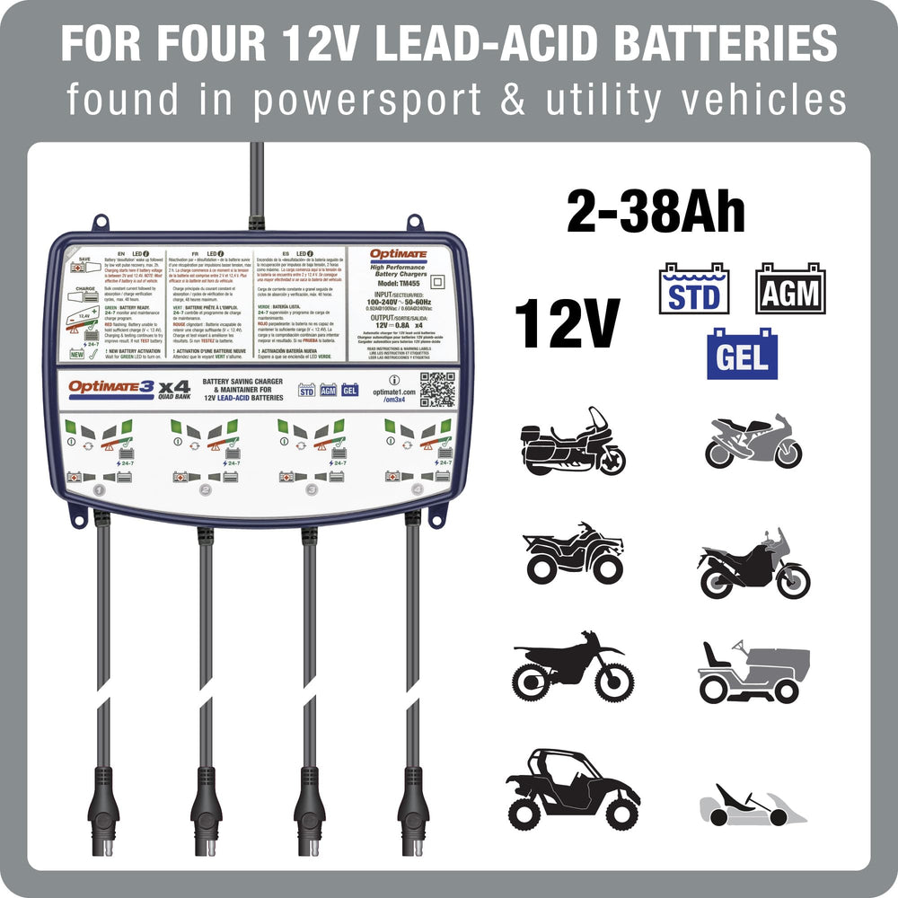 OptiMate3 four-bank setup shows independent charging for multiple batteries.