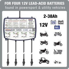 OptiMate3 four-bank setup shows independent charging for multiple batteries.