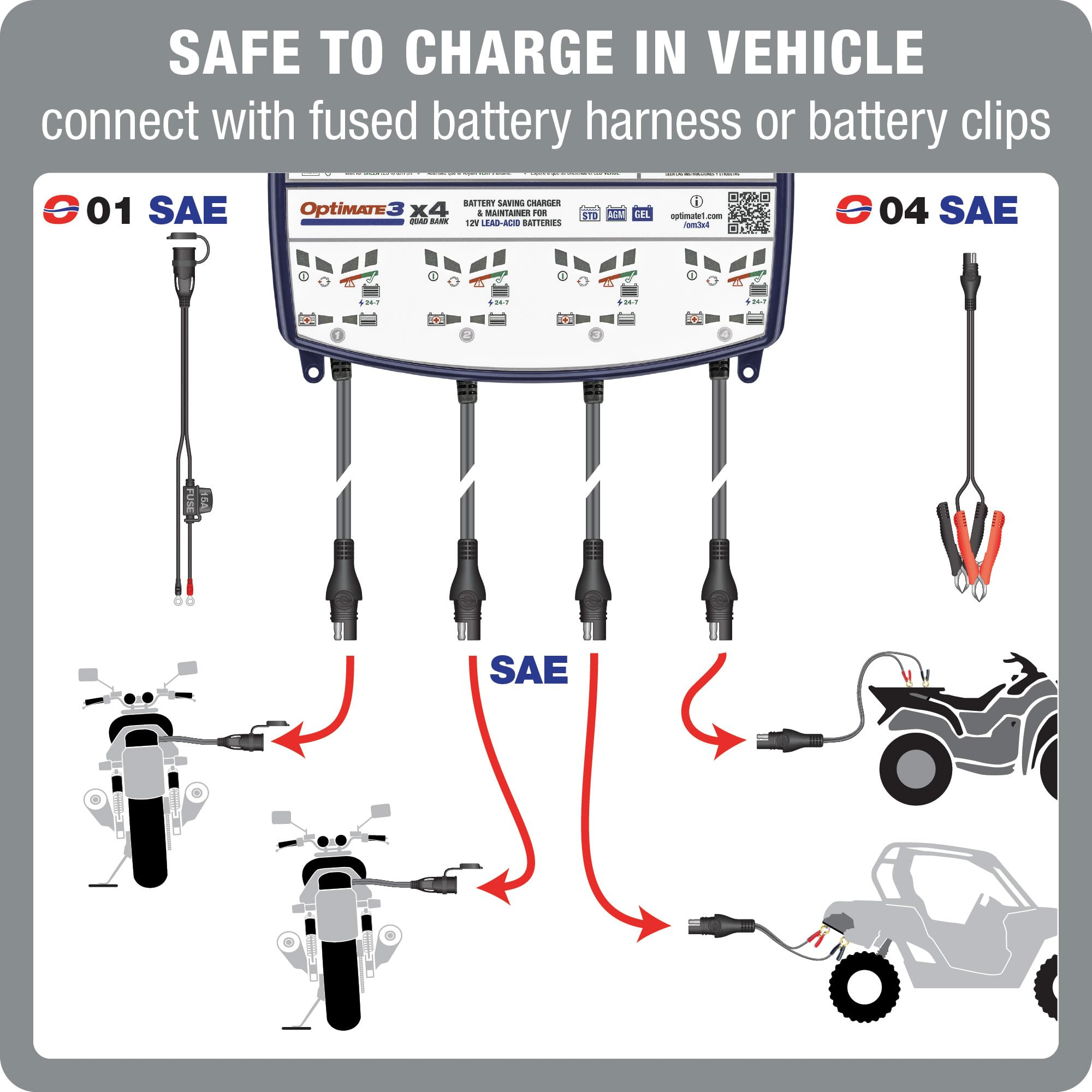 OptiMate3 safety harness leads and clips ensure safe vehicle charging.