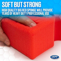 Optimum Big Red Sponge large surface area speeds washing.
